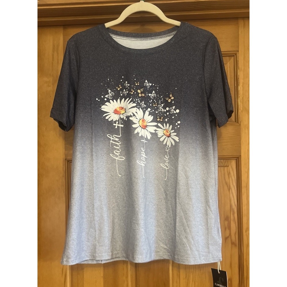 Flamingals Women's Graphic Shirt Sz Large Faith Hope Love Daisies & Butterflies